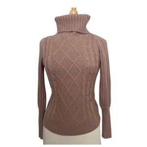 Cable Knit Mauve Turtle Neck Long Blouson Sleeve Sweater